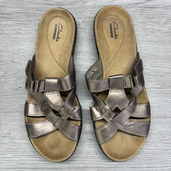 Clarks Collection Leisa Sz 9.5W Brown Metallic Leather Adjustable Straps Sandals - Picture 2 of 12